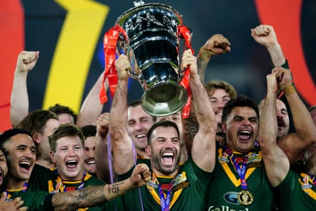 Australia lift the 2021 Rugby League World Cup.