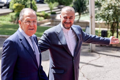 Iran's Foreign Minister Hossein Amir-Abdollahian receives his Russian counterpart Sergei Lavrov at the foreign ministry headquarters in Iran's capital Tehran in June 2022.