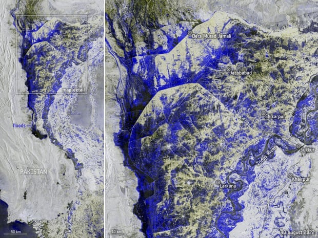 A satellite image released by the European Space Agency shows the extent of flooding in Pakistan with a wide view of the affected area (left) and a zoom into the area between Dera Murad Jamali and Larkana, the blue to black colours showing where the land is submerged
