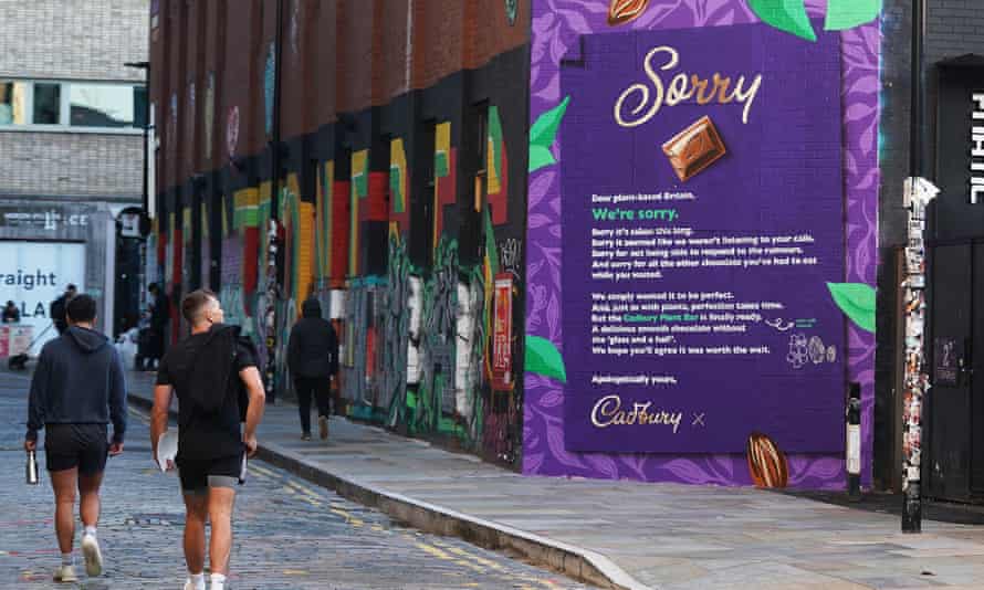 Cadbury's apology for taking so long to produce a plant-based chocolate bar, Shoreditch, east of London.