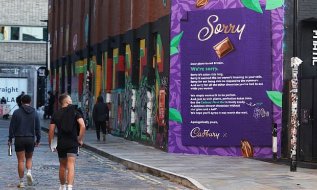 Cadbury’s apology letter for having taken so long to produce a plant-based chocolate bar, Shoreditch, east London.