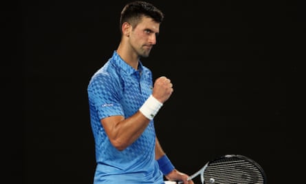 Novak Djokovic pumps his fist during his straight-sets victory against Tommy Paul in the Australian Open semi-final