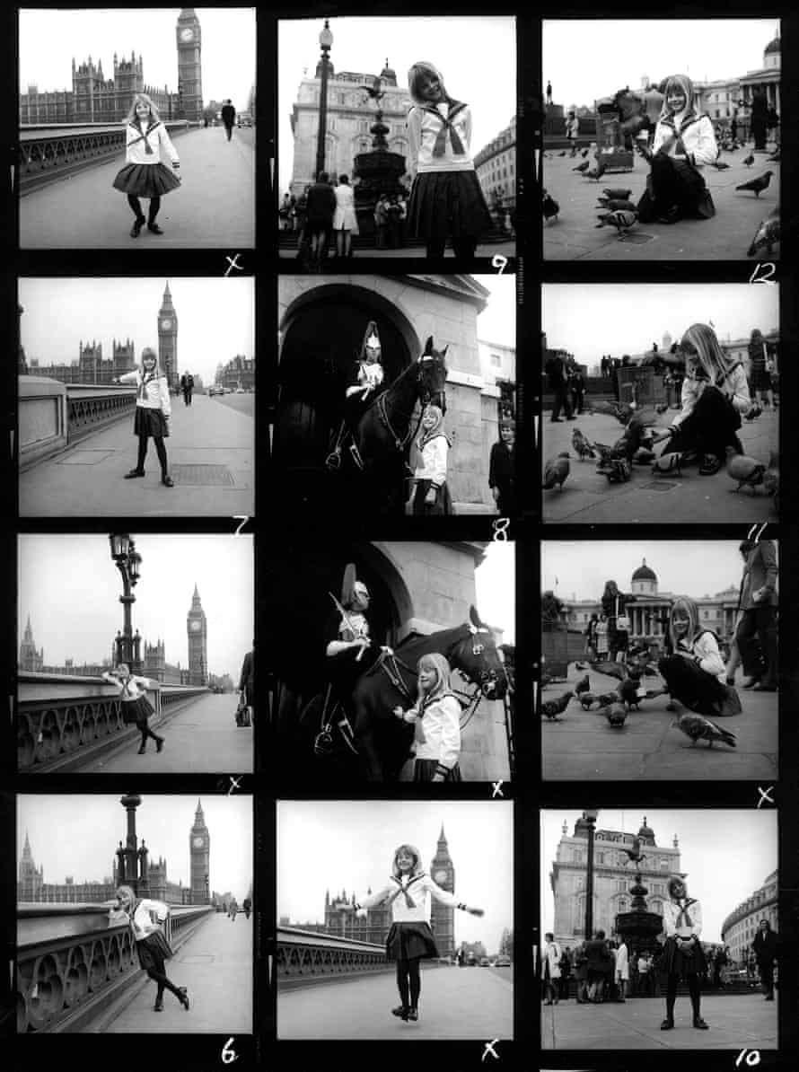 12 black and white pictures of Jodie Foster as a child, posing for the camera with London landmarks in the background