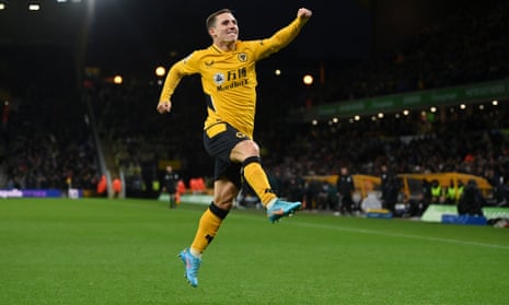 Jumping with joy: Daniel Podence of Wolverhampton Wanderers celebrates after scoring.
