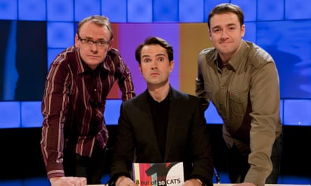 Sean Lock, left, with his fellow team captain Jason Manford, right, and host Jimmy Carr on the set of 8 Out of 10 Cats.