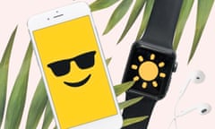 Illustration by Observer Design of a smartphone with a smiley, shade-wearing face and a smart watch with a yellow sun on its screen