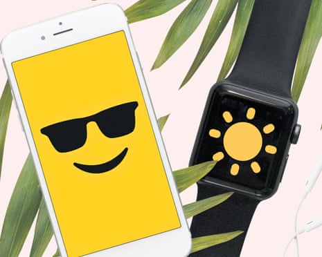 Illustration by Observer Design of a smartphone with a smiley, shade-wearing face and a smart watch with a yellow sun on its screen
