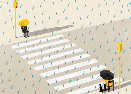 Illustration of people under umbrellas sitting at opposite ends of zebra crossing in the rain