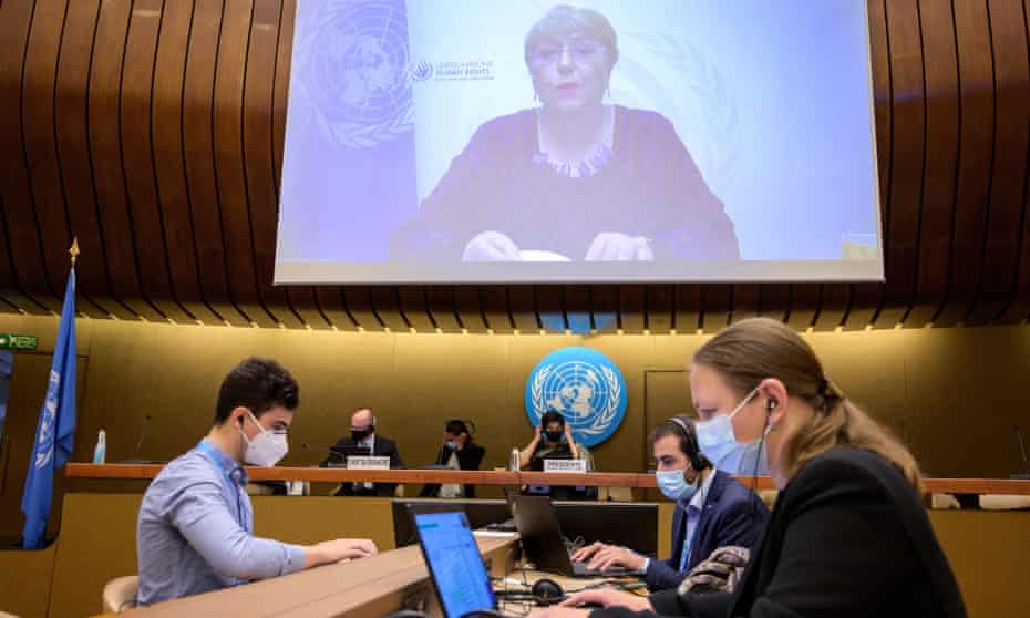 The UN high commissioner for human rights, Michelle Bachelet, delivers her speech remotely at the opening of the emergency session in Geneva.