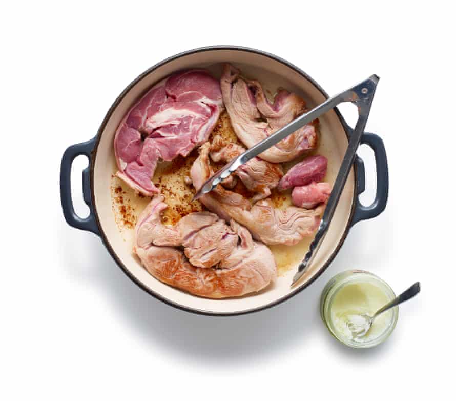 Felicity Cloake Perfect Scouse 01: 1 Brown the meat, ideally in beef dripping, then lift out before frying the sliced onions and cubed potatoes.