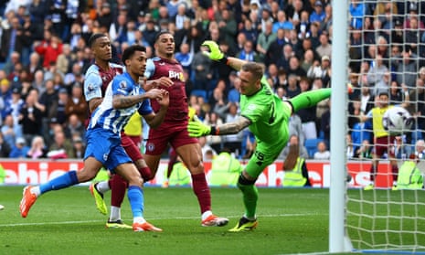 Joao Pedro heads home the rebound of his own penalty and Brighton take the lead.