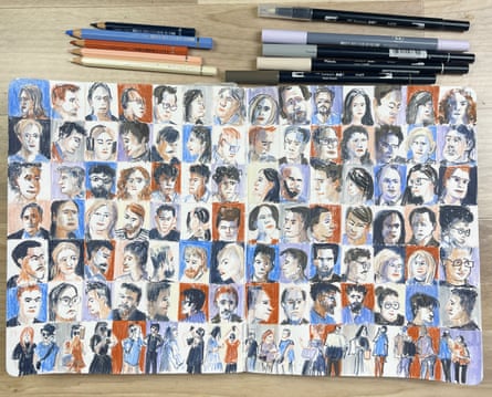 100 sketches on a double page of a sketchbook with pencils and pens in the background