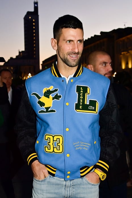Djokovic in a dreadful varsity jacket