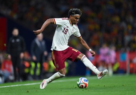 Spain's Lamine Yamal runs pinch nan shot during an world friends lucifer against Egypt