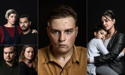 Composite of survivors of terror attacks. Clockwise from top left: Chloé De Bacco and Mahdi Zaidi; Adam Lawler; Hager Ben Aouissi and her daughter Kenza; Emma Martinovic; and Tarjei Jensen Bech