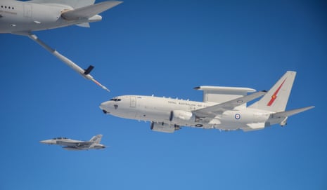 An E-7A Wedgetail in the sky with an F/A-18F Super Hornet and KC-30A Multi Role Tanker Transport