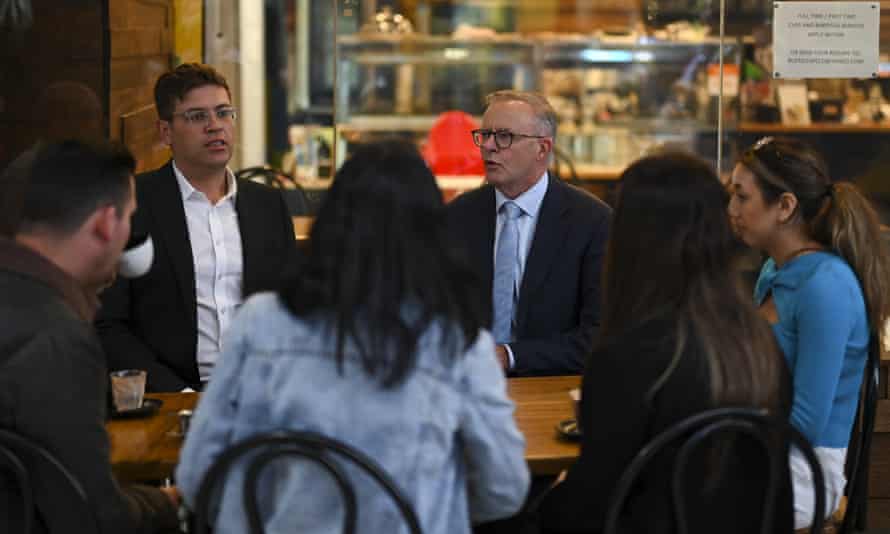 Anthony Albanese and Labor’s candidate for Bennelong Jerome Laxale have a coffee with locals in the Top Ryde City mall