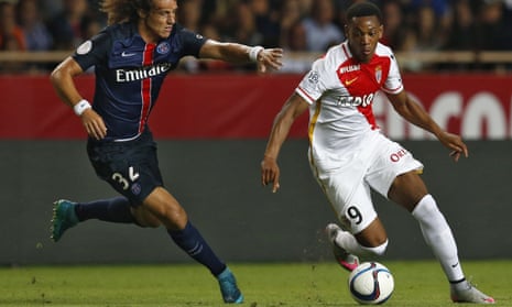 David Luiz reaches to make a challenge on the Monaco forward Anthony Martial