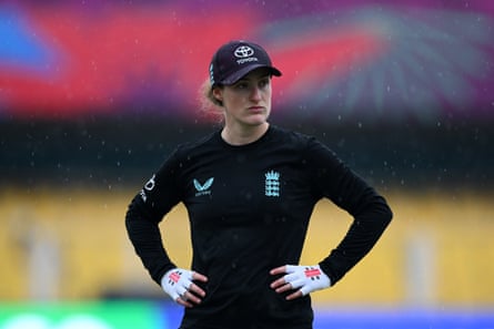 Emma Lamb looks on during a wet England net session in Guwahati on Thursday