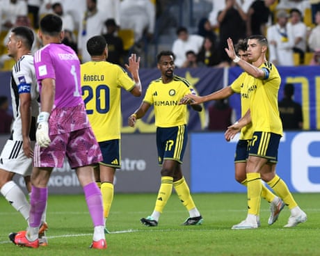 Cristiano Ronaldo celebrates Al-Nassr’s third goal against Neftchi Fergana.