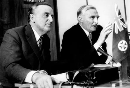 Joh Bjelke-Petersen, left, and the then premier of Western Australia, Charles Court, in January 1975.