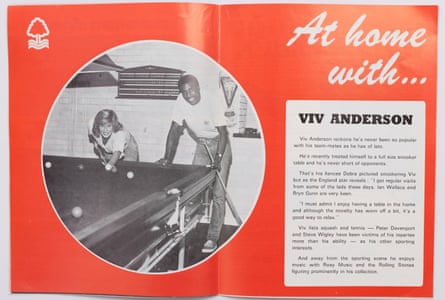 Nottingham Forest football magazines. Double-page spread “At home with …” Viv Anderson playing snooker with his fiancee, Debra.