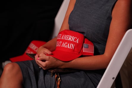 A woman in the audience with her Maga hat during closing night of the Republican convention.