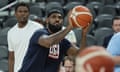 Anthony Edwards, left, and LeBron James of the United States warm up ahead of Wednesday’s exhibition against Canada at T-Mobile Arena in Las Vegas, Nevada.