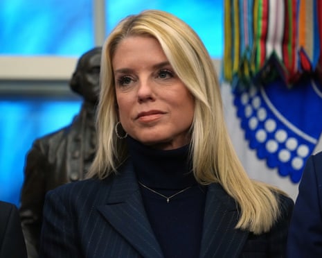Pam Bondi listens as President Donald Trump speaks at an event in the Oval Office of the White House, 29 January 2026.