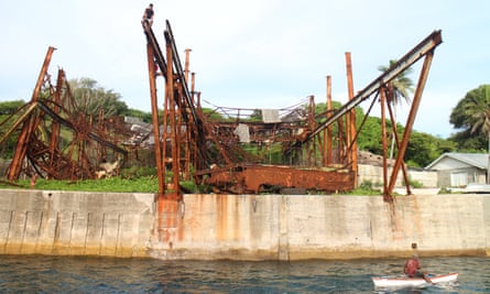 The old cantilever that used to load phosphate onto the ships.Banaba, central Pacific island, Kiribati.