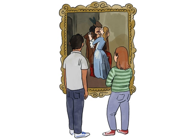 Illustration of a man and woman looking at a picture in a gallery