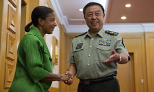 Susan Rice with Fan Changlong at the Chinese Ministry of National Defense in Beijing on August 28 during a visit aimed at resolving tensions over cyber attacks.