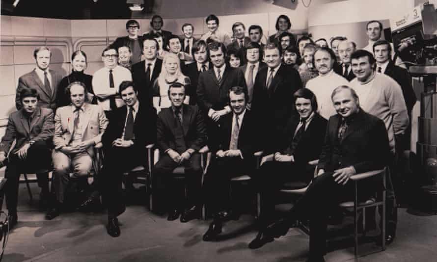 John Wilford, front row, far left, with colleagues from the Yorkshire Television news programme Calendar. Next to him is John Fairley, with whom he bid for the East Midlands contract, and Fairley is seated next to Jonathan Aitken, one of the first presenters of Calendar, and later a Conservative minister