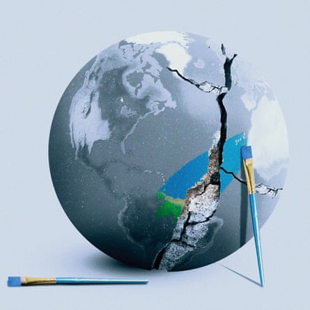 An illustration of a grey-and-white globe with major cracks exposing rock within, and paint brushes as if someone is trying to give the planet colour