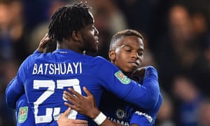 Michy Batshuayi celebrates scoring his second and Chelsea’s fourth goal in the Carabao Cup tie against Nottingham Forest.