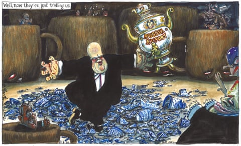 Martin Rowson cartoon 11/07/20: Chris Grayling holds trophy emblazoned with 'Russia Report' amid smashed ceramics commemorating his past failures