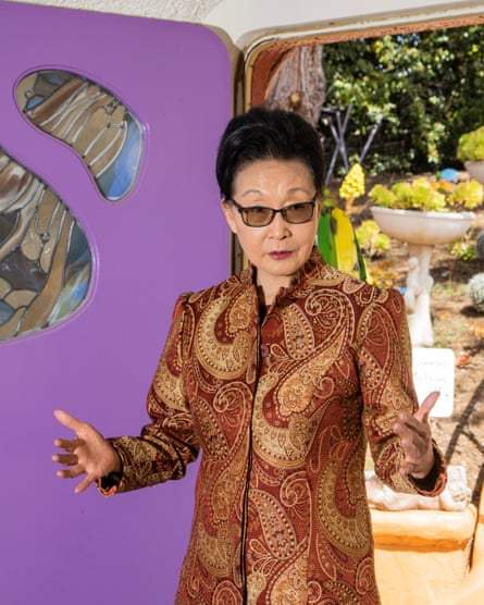 Portraits of the Flintstones House owner Florence Fang in the front entry of her home in Hillsborough, CA on April 19, 2019. Photographs by Cayce Clifford