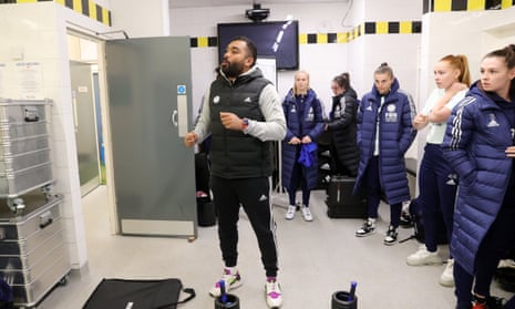Jonathan Morgan gives a team talk before Leicester’s WSL game with Everton.