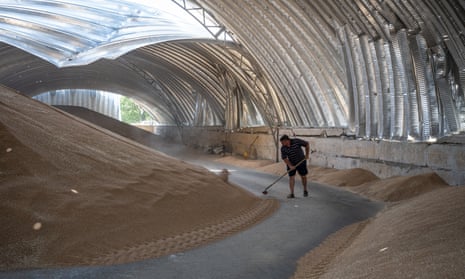 A man sweeps grain during a clean up after Russian strikes on a storage facility in the Odesa region last month