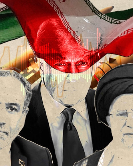 Iranian foreign minister Abbas Araghchi, US President Donald Trump, Iranian Ayatollah Ali Khamenei with Iranian flag and Iranian-made Zolfaghar missiles.