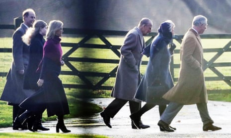 Royals, without the Queen, attend the Christmas morning service on the Sandringham estate. Left to right: Prince Edward, Lady Louise Windsor, the Countess of Wessex, Prince Philip, the Duchess of Cornwall, Prince Charles.