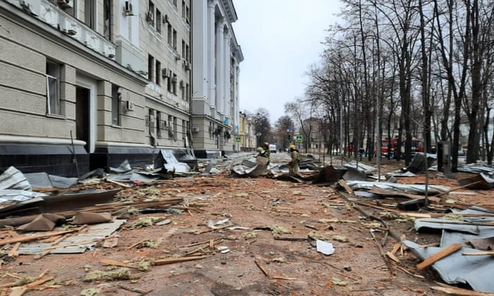 A view of damaged regional police station building after a Russian missile attack in Kharkiv.