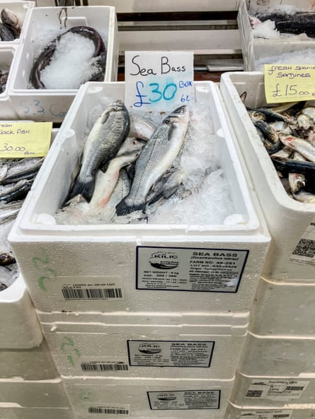Sea bass on a bed of ice for sale at Billingsgate fish market.