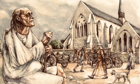 A Cambridge University illustration of an old man in medieval times sitting with a church in the background
