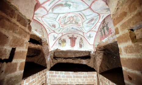 A fresco in the restored Catacombs of Priscilla, Rome.