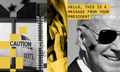 A black and white, and yellow graphic showing an image of a voting sign (left), a women holing a mobile phone to her ear (centre), and President Joe Biden (right) with words reading 'Hello, this is a message from your president'