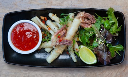 Squid in the middle of a black rectangular platter with a small bowl of red dip on the left and salad on the right