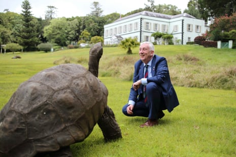 Undated handout photo issued by St Helena Government of the speaker of the House of Commons Sir Lindsay Hoyle meeting 192-year-old Jonathan the tortoise.