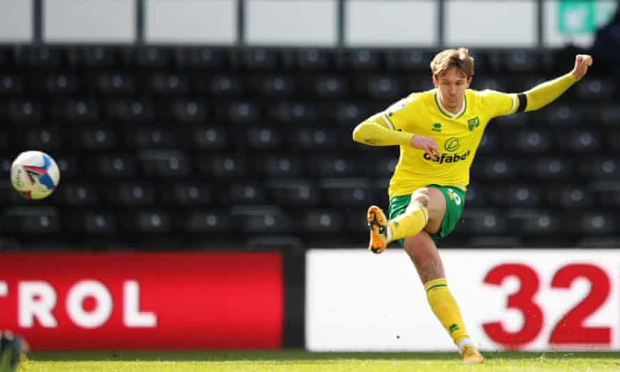 Kieran Dowell watches his free-kick on its way to the Derby net for Norwich’s winner