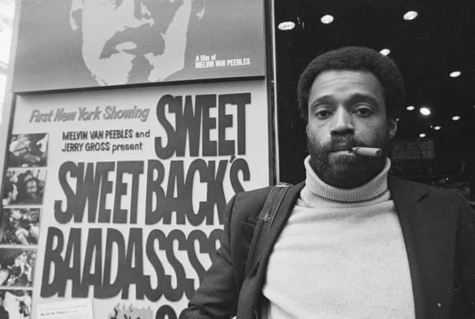 Melvin Van Peebles in New York City, 1971, posing outside a cinema which is showing his action thriller Sweet Sweetback’s Baadasssss Song.